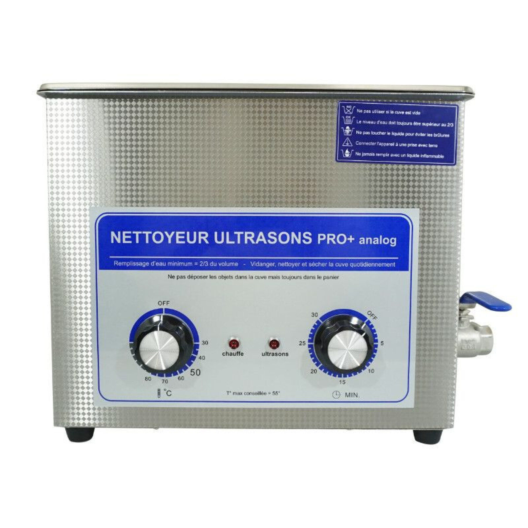 Nettoyeur-bac ultrasons professionnel analogique avec vanne de vidange P2R 6 L 180 W