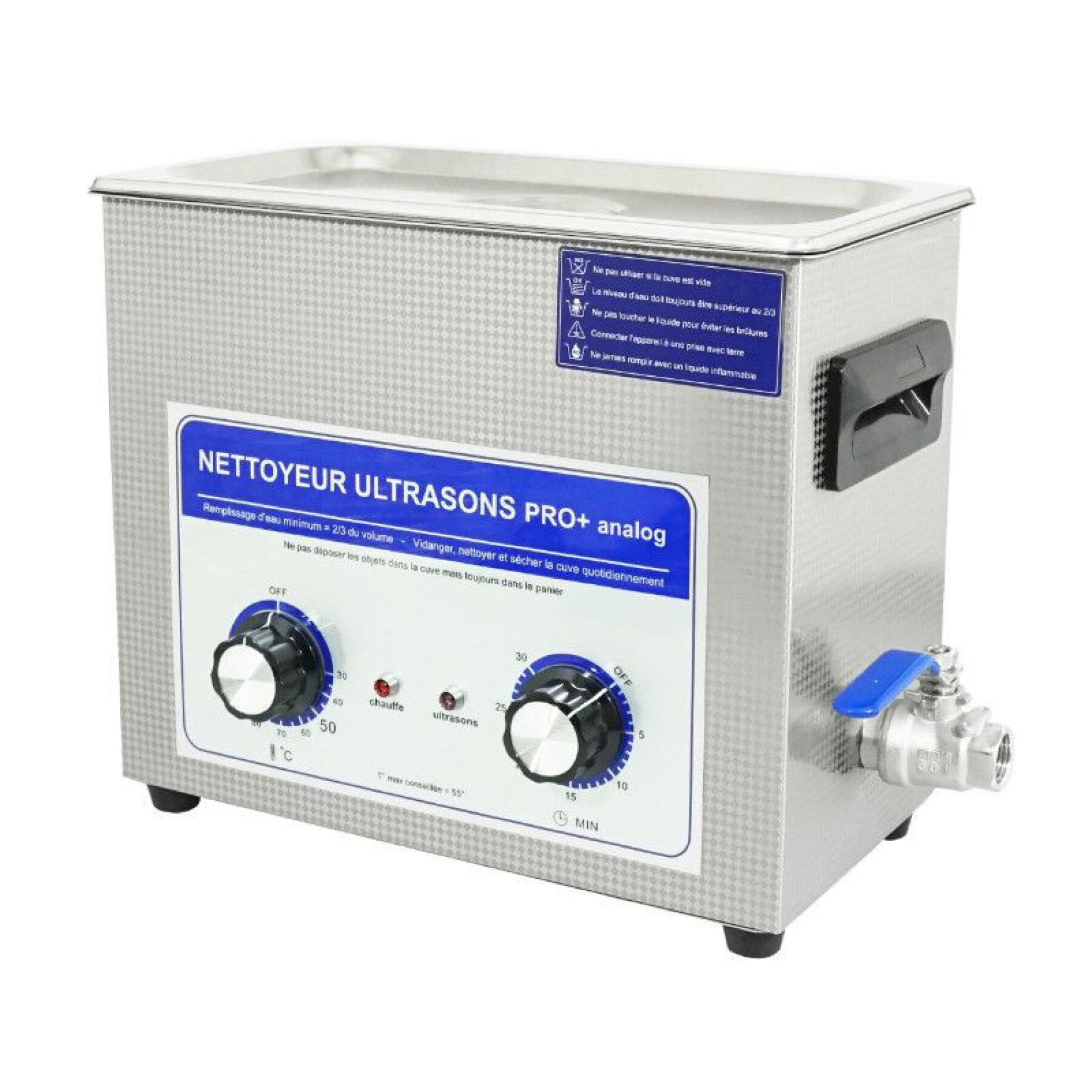 Nettoyeur-bac ultrasons professionnel analogique avec vanne de vidange P2R 6 L 180 W